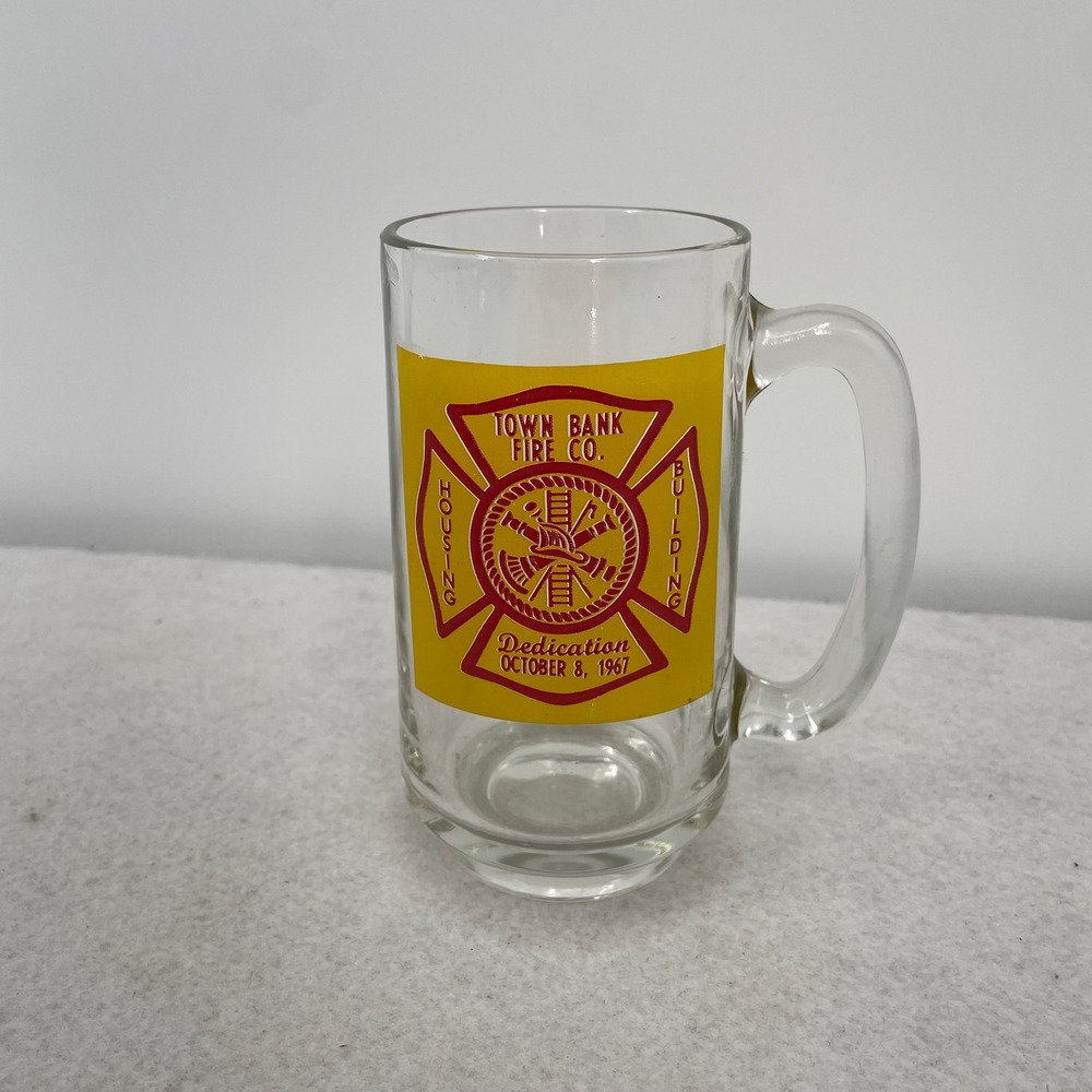 Vintage 1967 Town Bank Fire Co Dedication Glass Beer Mug Firefighter Memorabilia